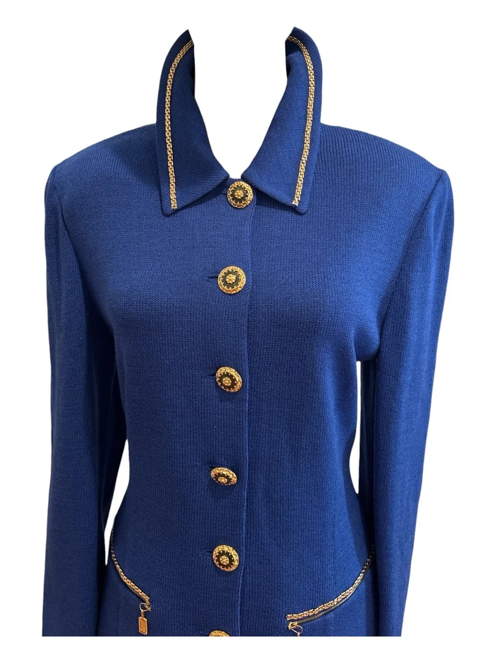 90s ST JOHN COLLECTION MARIE GRAY ROYAL BLUE SANTANA KNIT SKIRT SUIT SZ 12